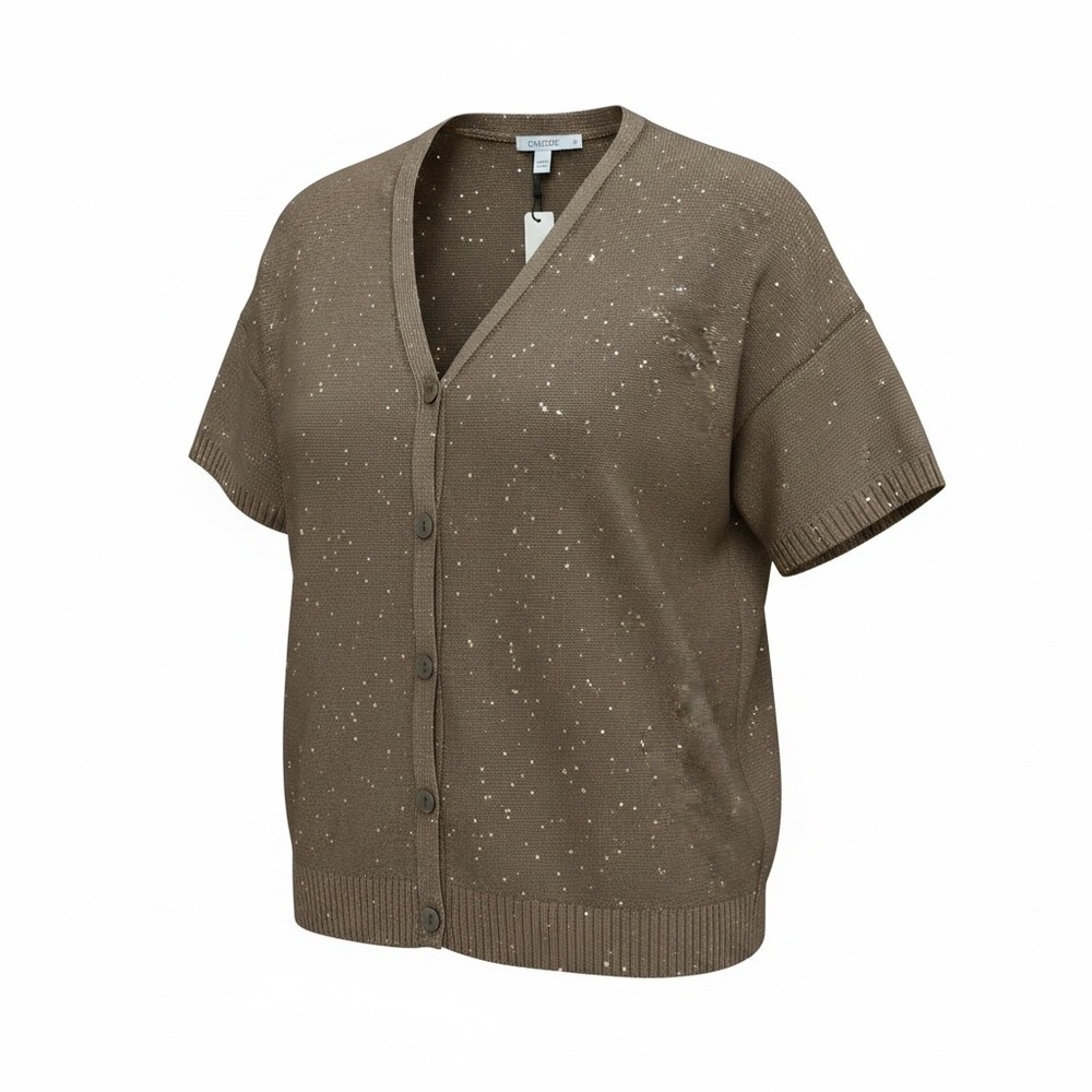 NWT Chico's Gold Sequin Short Sleeve Sweater Teakwood Brown V-Neck Size XL NEW